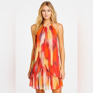 Bisou Bisou Watercolor Halter Neck Mini Dress Flowy Vacation Orange Yellow sz 8